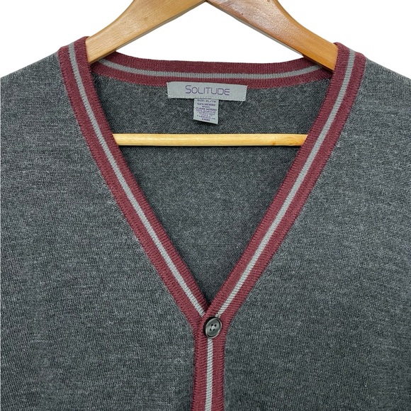 [xl] SOLITUDE Cardigan Wool men’s button down classic Grey with Burgundy Trim - Picture 4 of 7